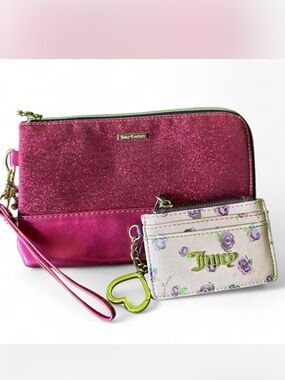 Two piece Juicy Couture Pink glittery wristlet bag plus coin purse floral wallet